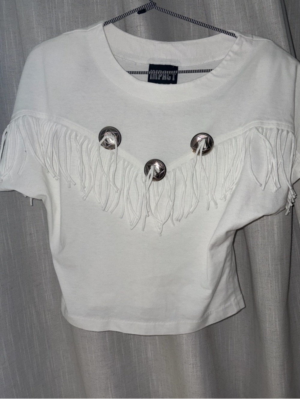 Vintage white Fringe Crop Top with Silver Button Discs